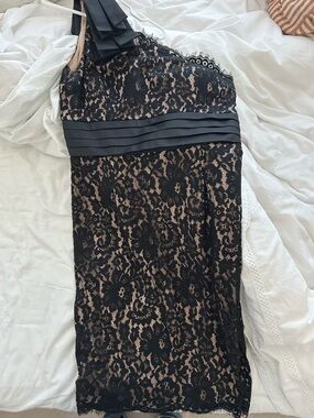 Eliza J: Black Lace One-Shoulder Cocktail Dress with Nude Underlay